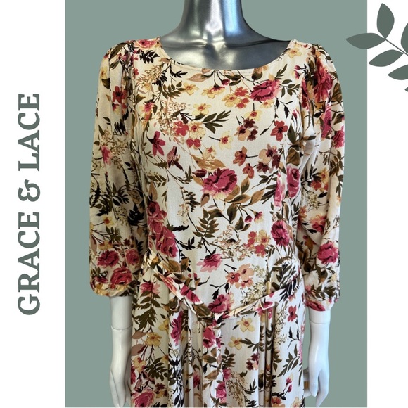 Grace & Lace Milan’s Floral Dress Waist Tie 3/4 Sleeve Cream Green Size Small - Picture 6 of 9